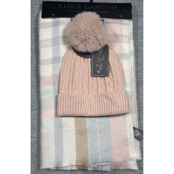 Vince Camuto Accessories - Vince Camuto Womens Pink Cable Knit‎ Beanie and Plaid Scarf Set Faux Fur Pom